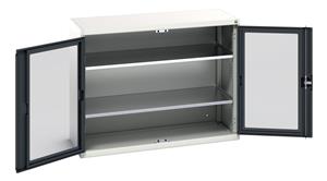 verso window door cupboard with 2 shelves. WxDxH: 1300x550x1000mm. RAL 7035/5010 or selected Verso Glazed Clear View Storage Cupboards for Tools with Shelves